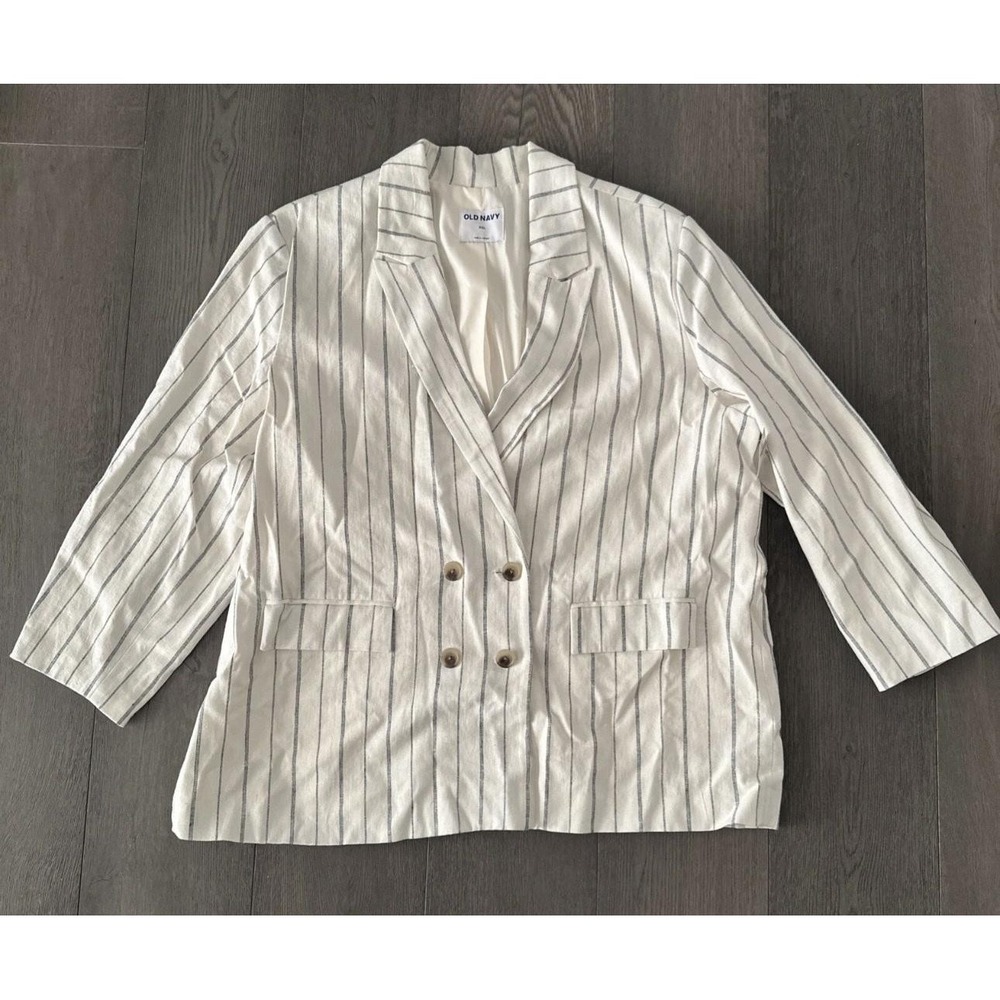 Old Navy Blazer‎ Womens XXL White Striped Linen Blend Double Breasted Lined